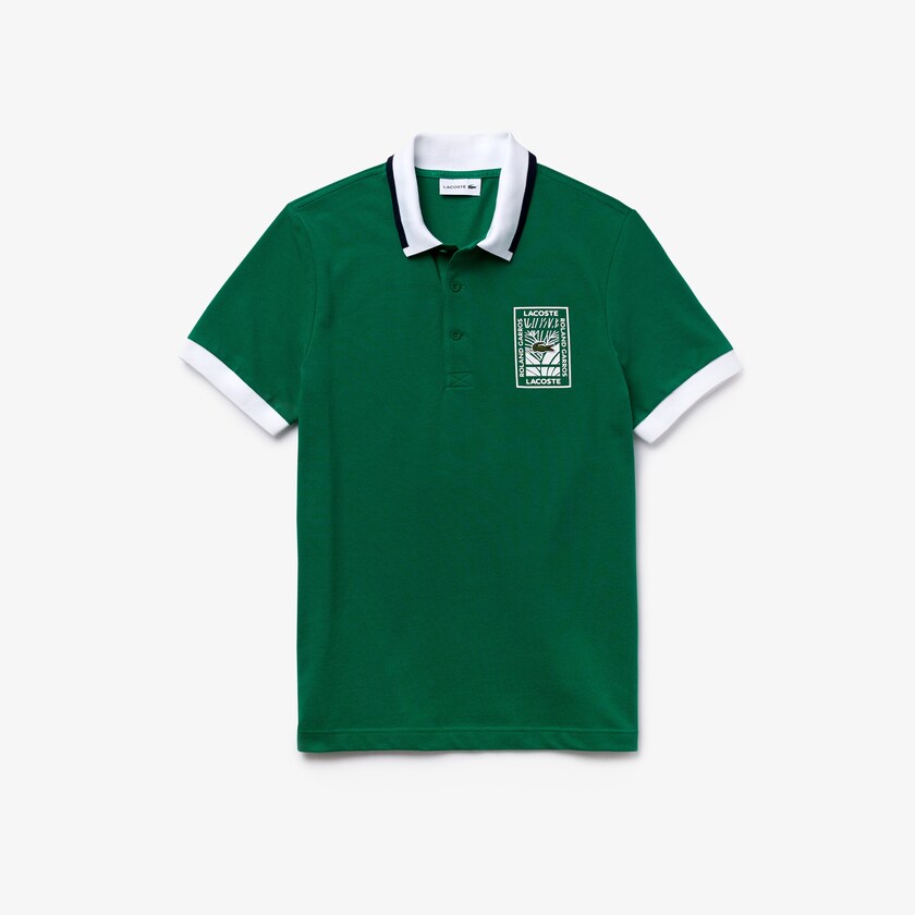Camisas Lacoste Masculino Verdes Branco Azul Marinho Azuis SPORT Roland Garros Plant-Print Cotton Polo CK4-03670X9