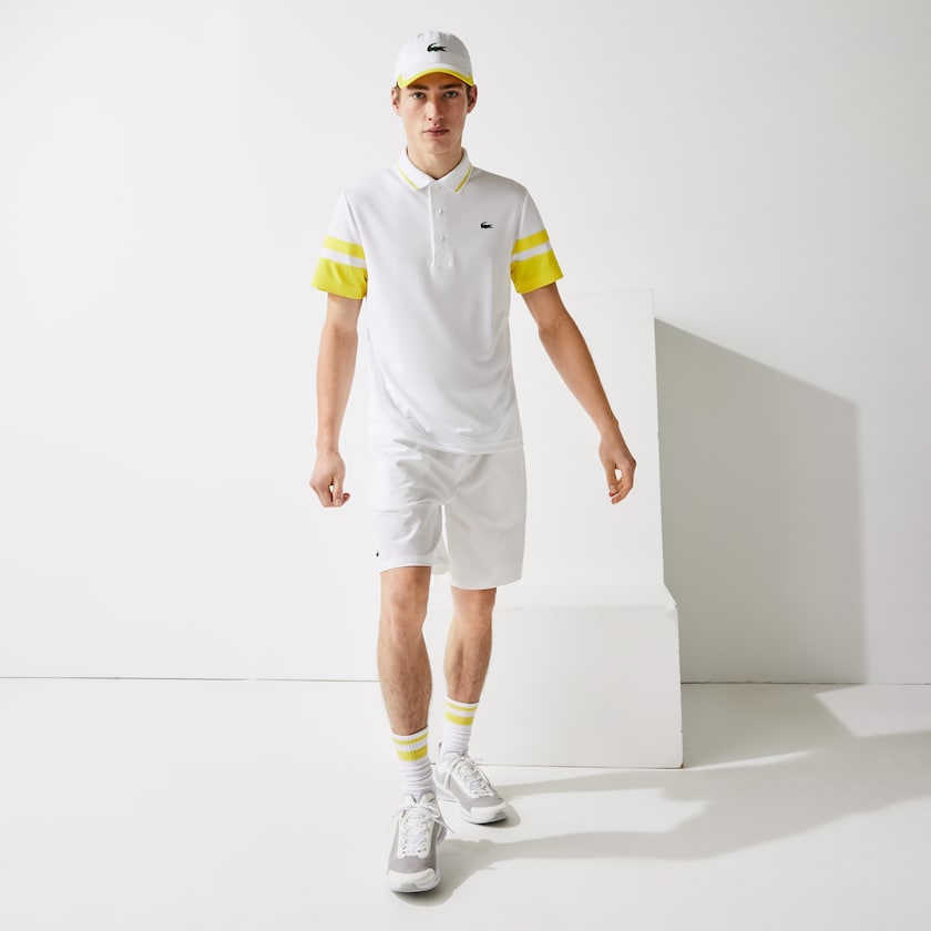 Camisas Lacoste Masculino Branco Amarelas SPORT Striped-Sleeve Breathable Piqué Tennis Polo KS5-42164C4