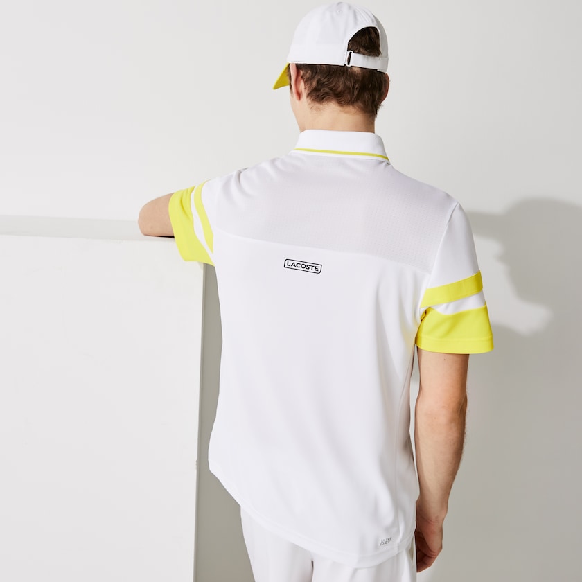 Camisas Lacoste Masculino Branco Amarelas SPORT Striped-Sleeve Breathable Piqué Tennis Polo KS5-42164C4