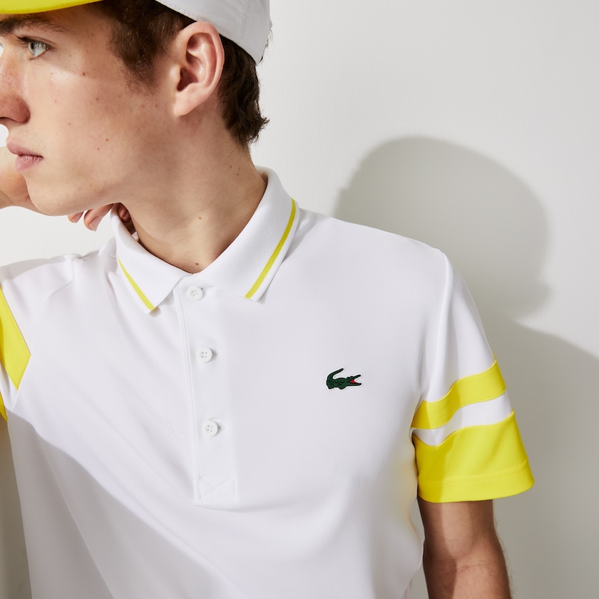 Camisas Lacoste Masculino Branco Amarelas SPORT Striped-Sleeve Breathable Piqué Tennis Polo KS5-42164C4