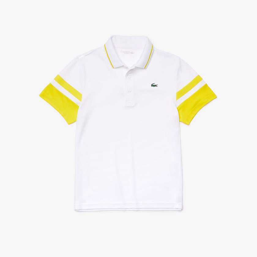Camisas Lacoste Masculino Branco Amarelas SPORT Striped-Sleeve Breathable Piqué Tennis Polo KS5-42164C4