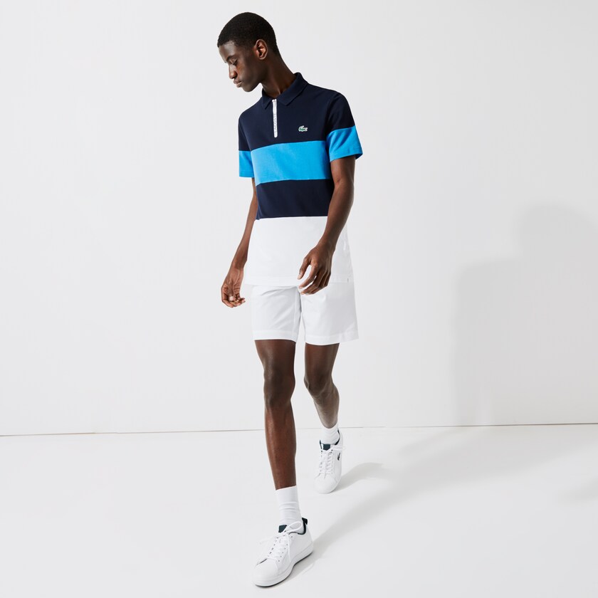 Camisas Lacoste Masculino Azul Marinho Azuis Azuis Branco SPORT Striped Stretch Piqué Zip-Up Golf Polo WH9-60276Q6