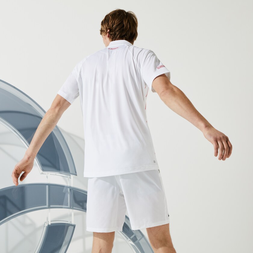 Camisas Lacoste Masculino Branco Vermelhas SPORT x Novak Djokovic Print Stretch Jersey Polo JT3-73527R5