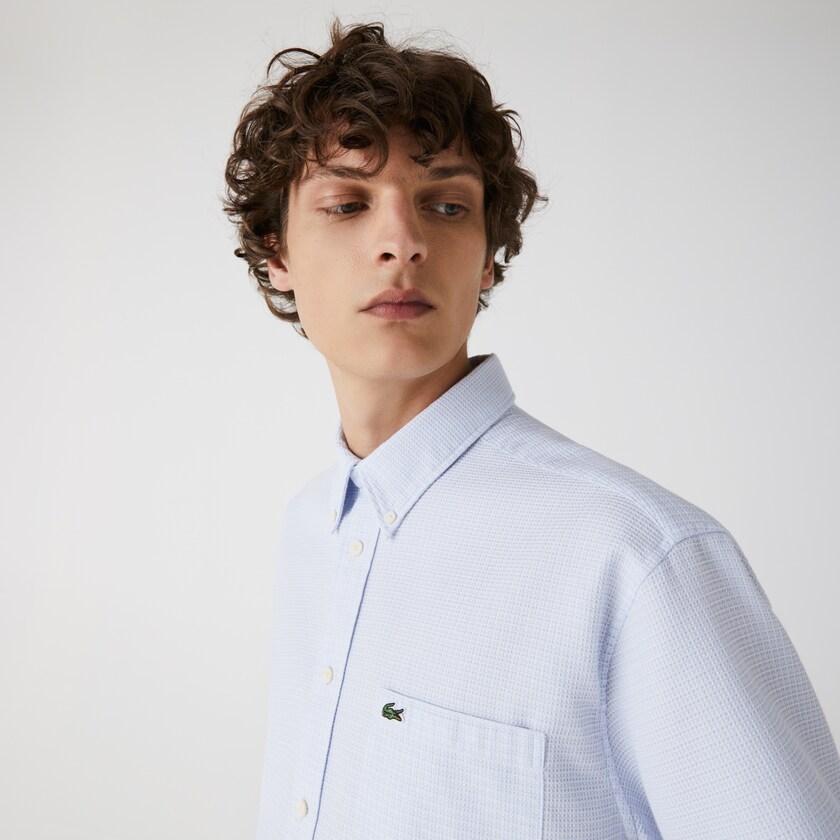 Camisas Lacoste Masculino Luz Azuis Branco Short-Sleeved Lightweight Cotton WJ7-94409R7