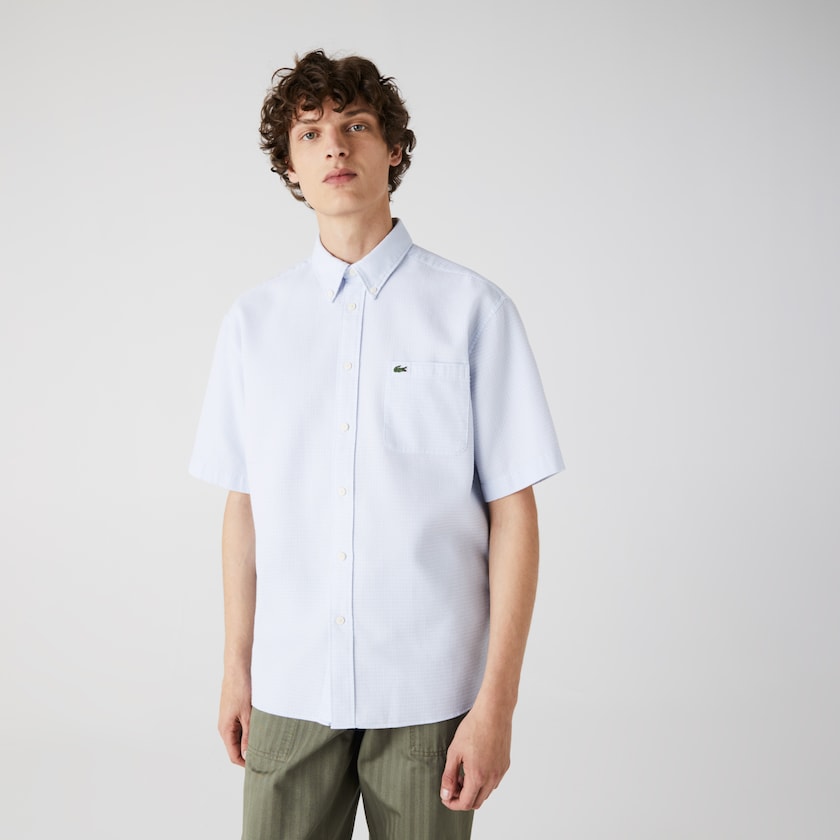 Camisas Lacoste Masculino Luz Azuis Branco Short-Sleeved Lightweight Cotton WJ7-94409R7