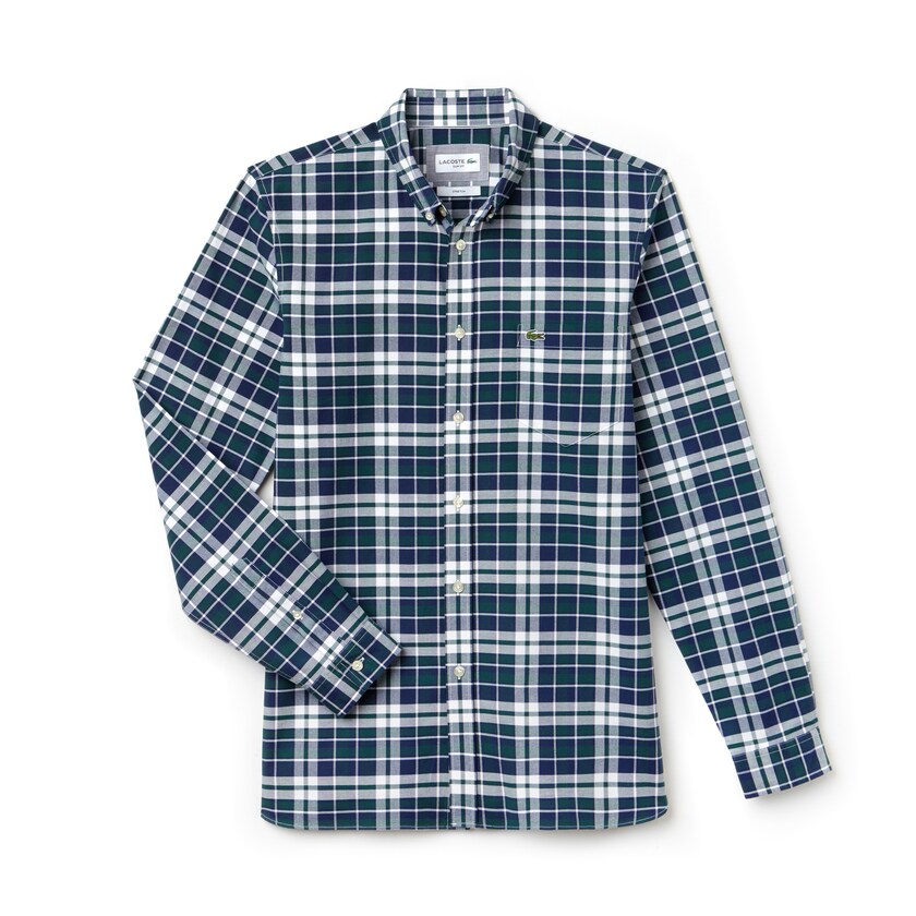 Camisas Lacoste Masculino Verdes Slim Fit Check Stretch Oxford Cotton SU1-38043E6