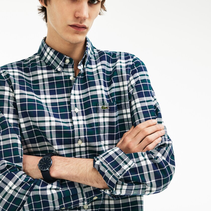 Camisas Lacoste Masculino Verdes Slim Fit Check Stretch Oxford Cotton SU1-38043E6