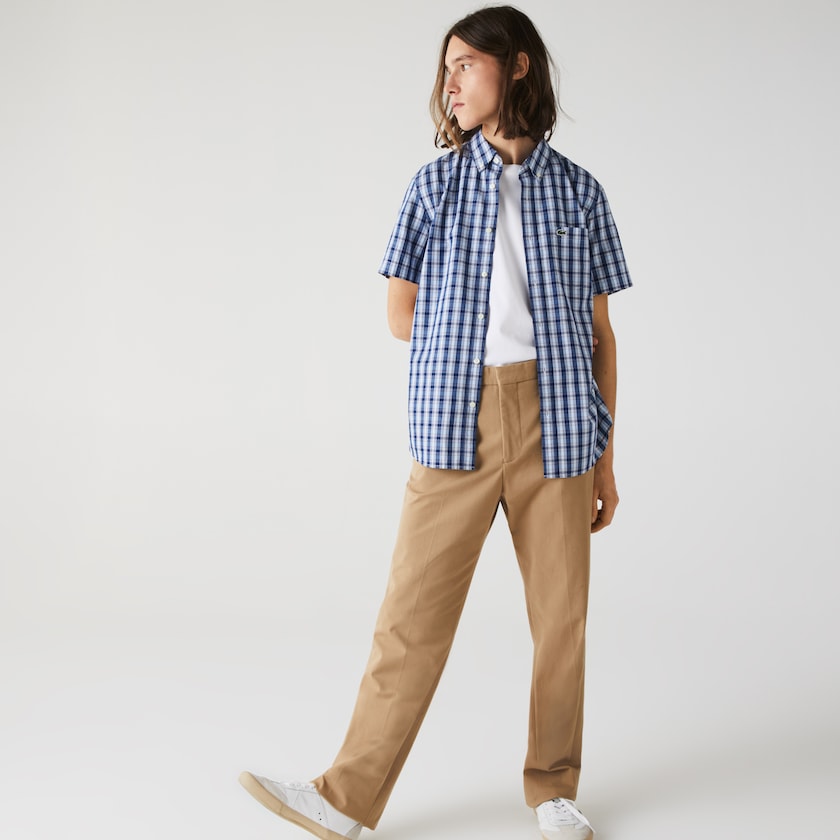 Camisas Lacoste Masculino Azuis Branco Azuis Slim Fit Checked Poplin MT4-66096A8