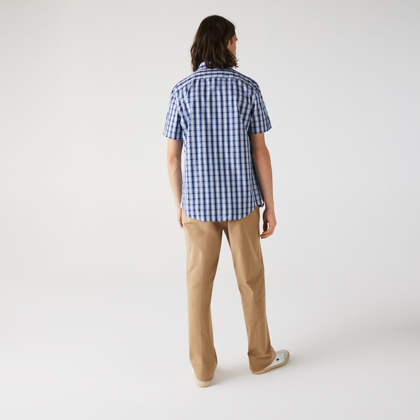 Camisas Lacoste Masculino Azuis Branco Azuis Slim Fit Checked Poplin MT4-66096A8
