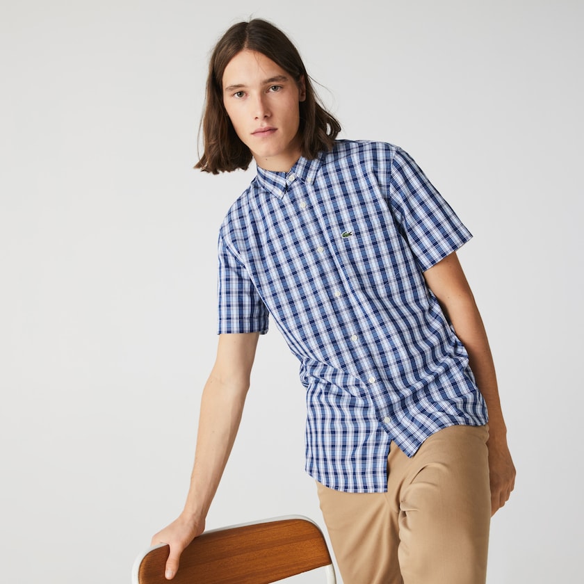Camisas Lacoste Masculino Azuis Branco Azuis Slim Fit Checked Poplin MT4-66096A8