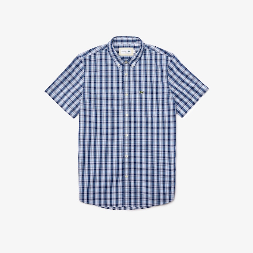 Camisas Lacoste Masculino Azuis Branco Azuis Slim Fit Checked Poplin MT4-66096A8
