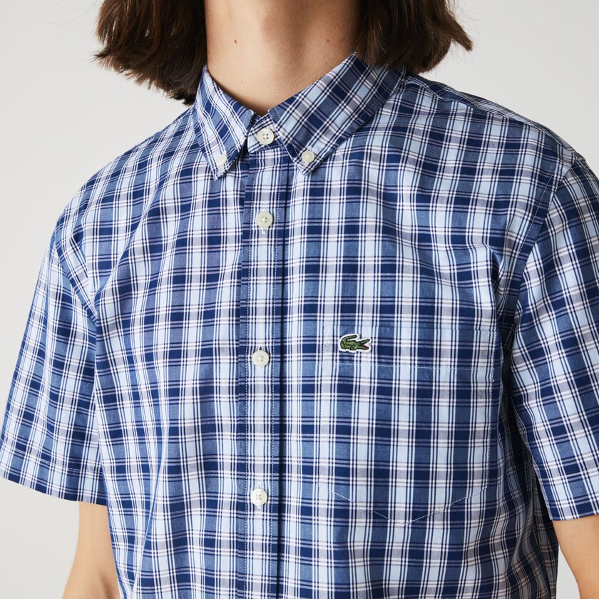 Camisas Lacoste Masculino Azuis Branco Azuis Slim Fit Checked Poplin MT4-66096A8