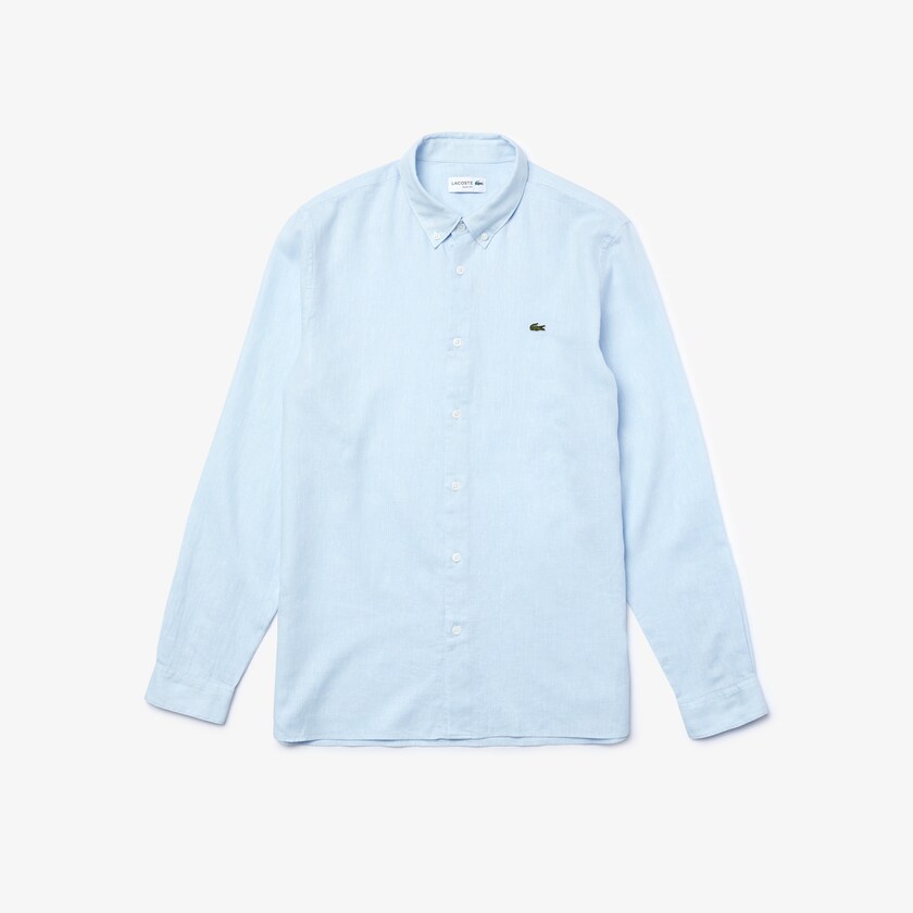 Camisas Lacoste Masculino Azuis Branco Slim Fit Chevron Linen And Cotton BG1-81278E5