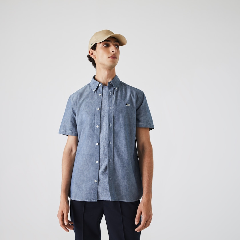 Camisas Lacoste Masculino Azuis Slim Fit Cotton Chambray TI0-60046J2
