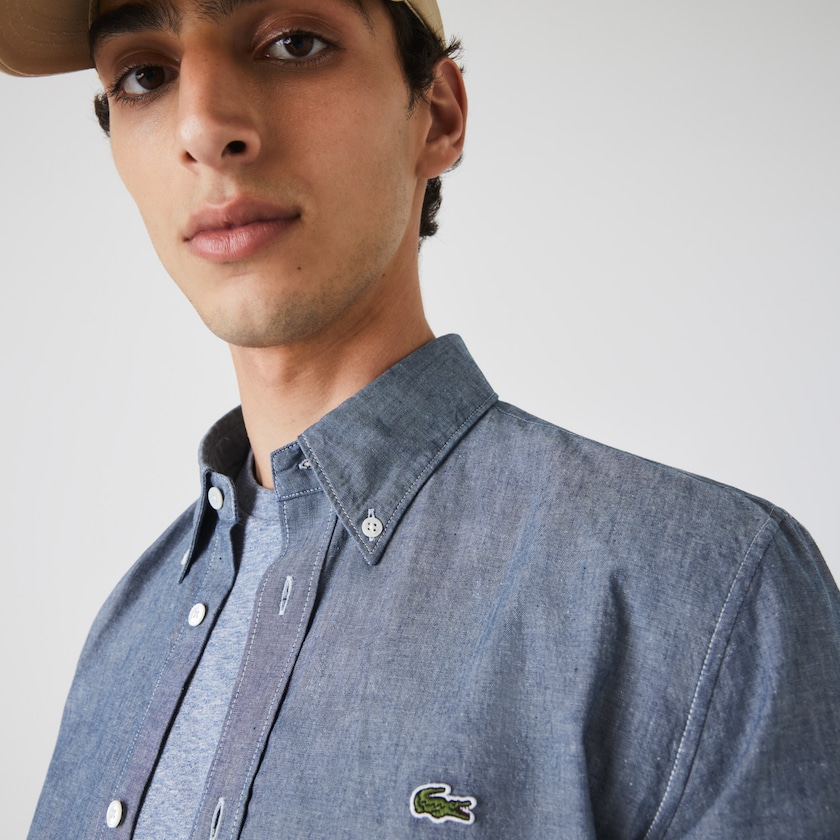 Camisas Lacoste Masculino Azuis Slim Fit Cotton Chambray TI0-60046J2