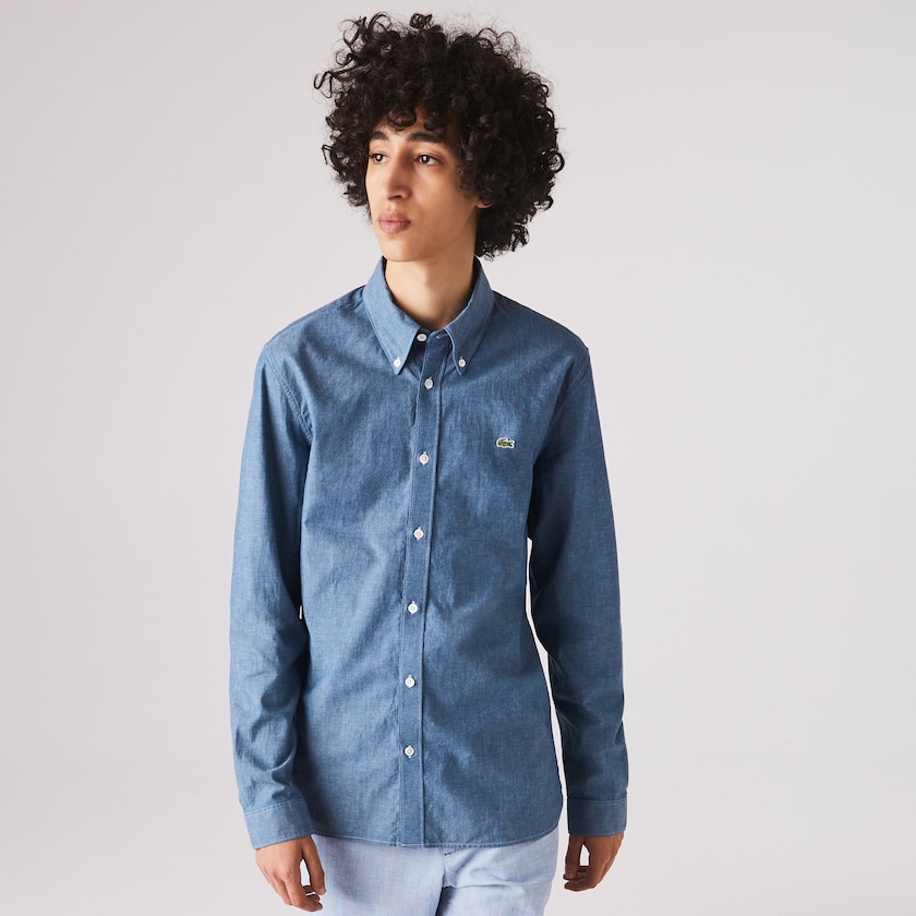 Camisas Lacoste Masculino Azuis Slim Fit Cotton Chambray KT7-32373D7