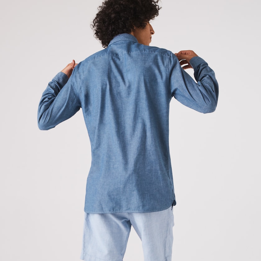 Camisas Lacoste Masculino Azuis Slim Fit Cotton Chambray KT7-32373D7