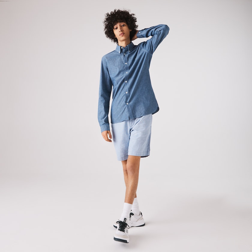 Camisas Lacoste Masculino Azuis Slim Fit Cotton Chambray KT7-32373D7
