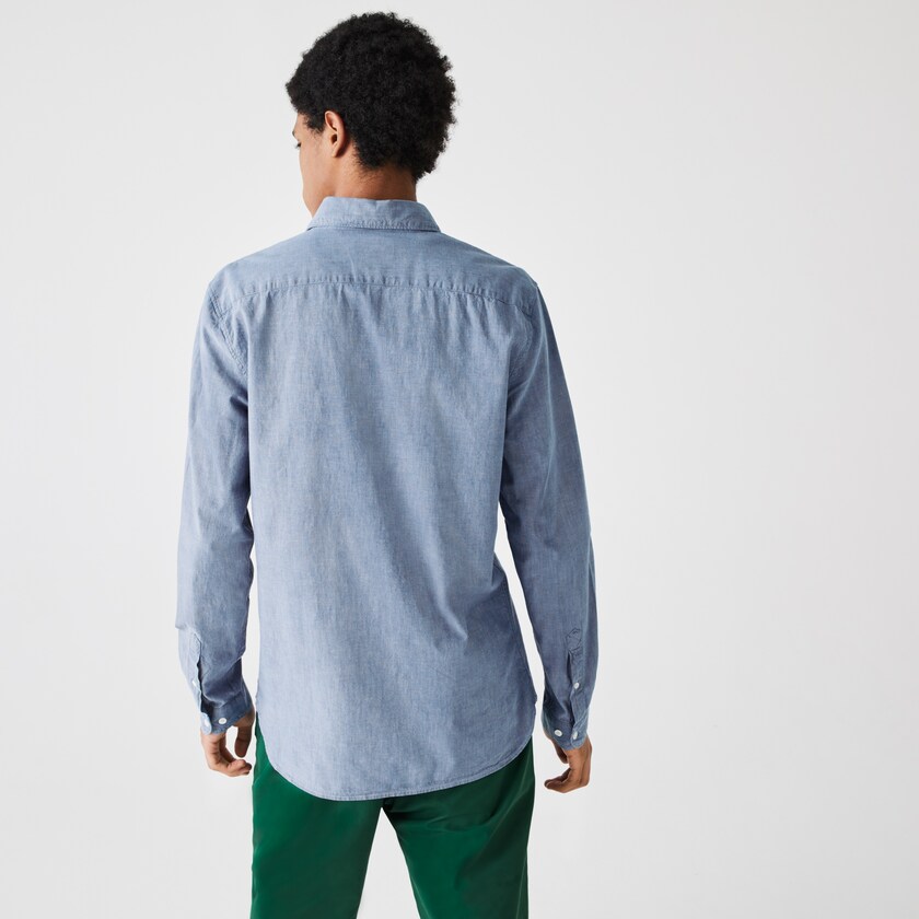 Camisas Lacoste Masculino Azuis Slim Fit Cotton Chambray YA0-20362U5