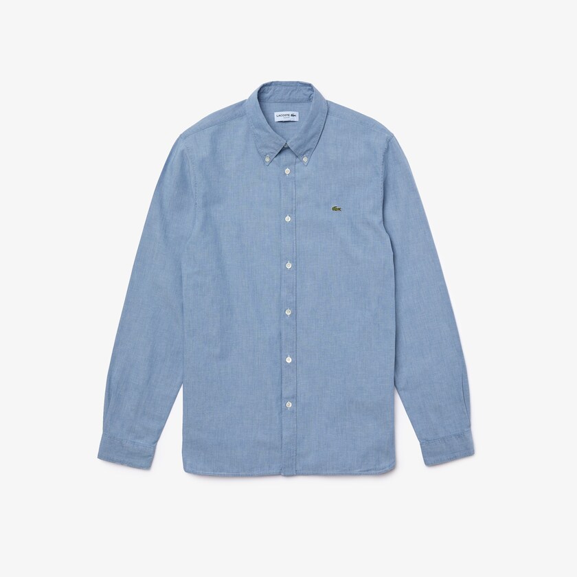 Camisas Lacoste Masculino Azuis Slim Fit Cotton Chambray YA0-20362U5