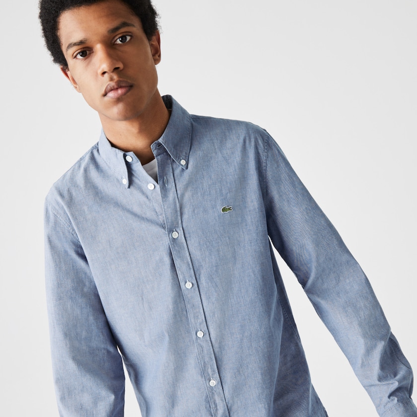 Camisas Lacoste Masculino Azuis Slim Fit Cotton Chambray YA0-20362U5