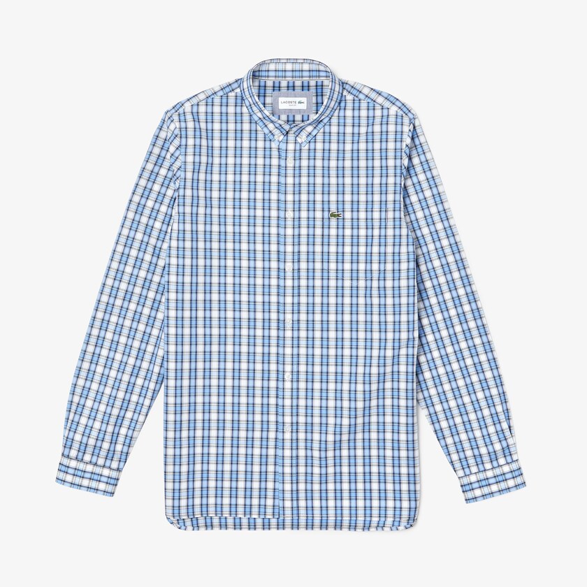 Camisas Lacoste Masculino Branco Luz Azuis Slim Fit Cotton Oxford HG8-42004D3