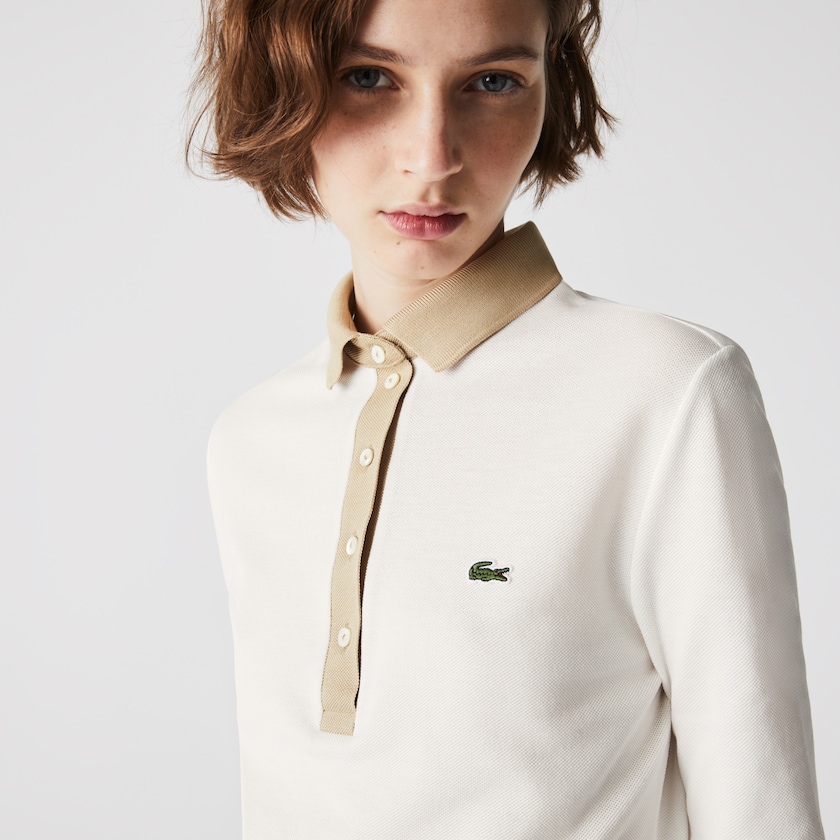 Camisas Lacoste Feminino Branco Bege Slim Fit Cotton Polo KD1-38353V8