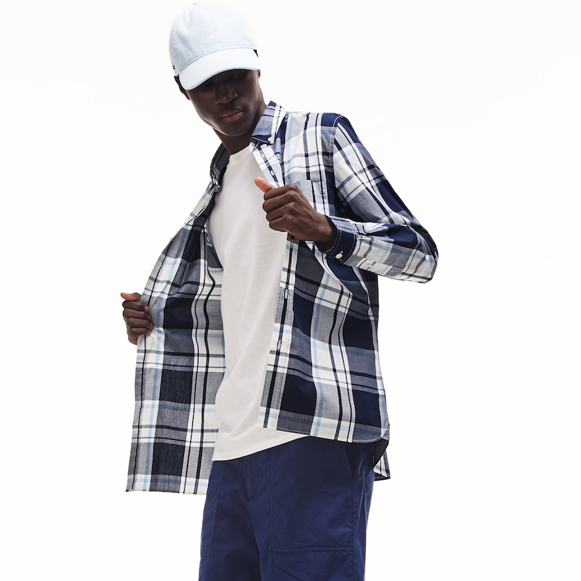 Camisas Lacoste Masculino Azul Marinho Azuis Branco Slim Fit Cotton Poplin GZ1-38063B2