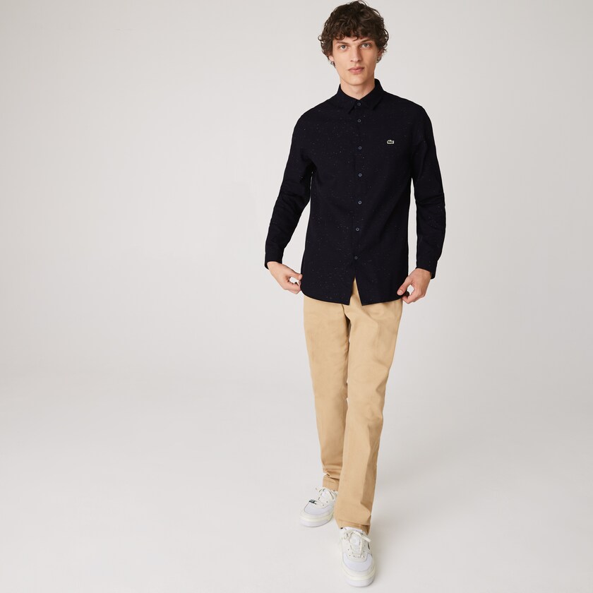 Camisas Lacoste Masculino Azul Marinho Azuis Branco Slim Fit Flamed Cotton TK8-15351B7