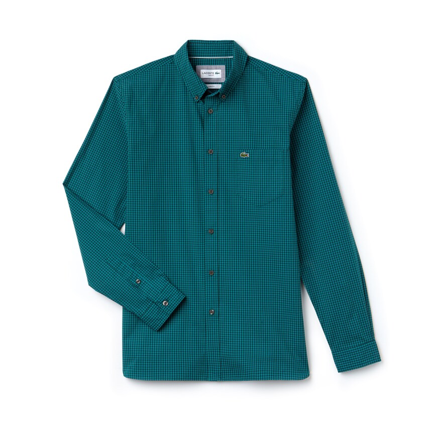 Camisas Lacoste Masculino Verdes Slim Fit Gingham Stretch Cotton Poplin SW1-86878M9