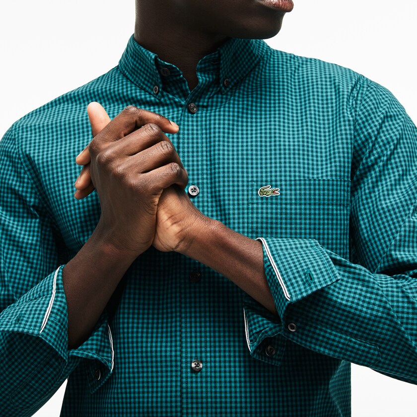Camisas Lacoste Masculino Verdes Slim Fit Gingham Stretch Cotton Poplin SW1-86878M9
