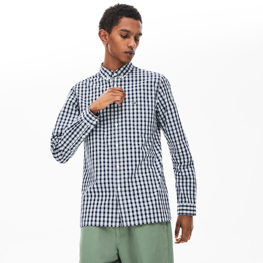 Camisas Lacoste Masculino Branco Azul Marinho Azuis Slim Fit Long-Sleeve Wool OL8-05400M5