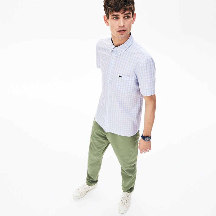 Camisas Lacoste Masculino Branco Luz Azuis Slim Fit Short-Sleeve Wool ZQ6-02500X4