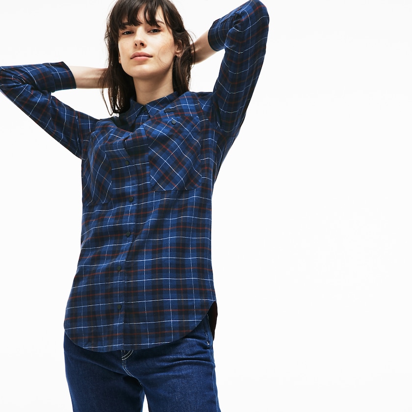 Camisas Lacoste Feminino Azul Marinho Azuis Azuis Slim Fit Stretch Check Cotton Canvas PF4-91789U0
