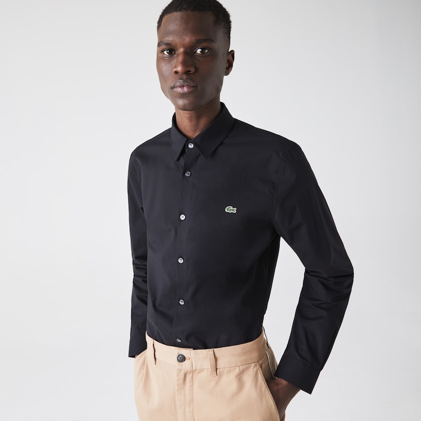 Camisas Lacoste Masculino Pretas Slim Fit Stretch Cotton Poplin LG1-51495X6