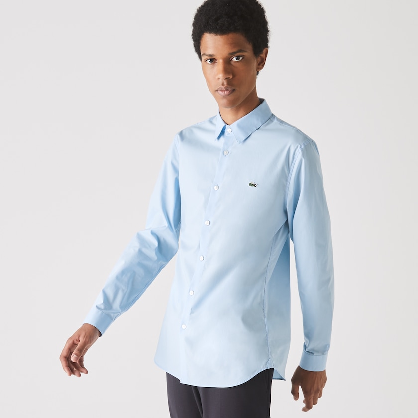Camisas Lacoste Masculino Azuis Slim Fit Stretch Cotton Poplin VM0-89698E3