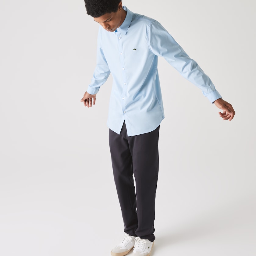 Camisas Lacoste Masculino Azuis Slim Fit Stretch Cotton Poplin VM0-89698E3