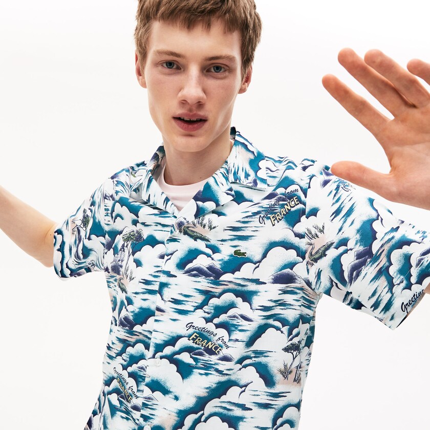 Camisas Lacoste Masculino Azuis Luz Rosa Branco Southern France Print Cotton Hawaiian Fit DF5-98599M3