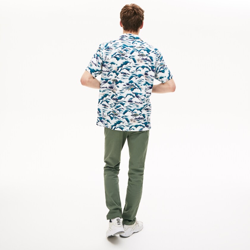 Camisas Lacoste Masculino Azuis Luz Rosa Branco Southern France Print Cotton Hawaiian Fit DF5-98599M3