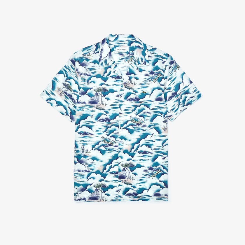 Camisas Lacoste Masculino Azuis Luz Rosa Branco Southern France Print Cotton Hawaiian Fit DF5-98599M3