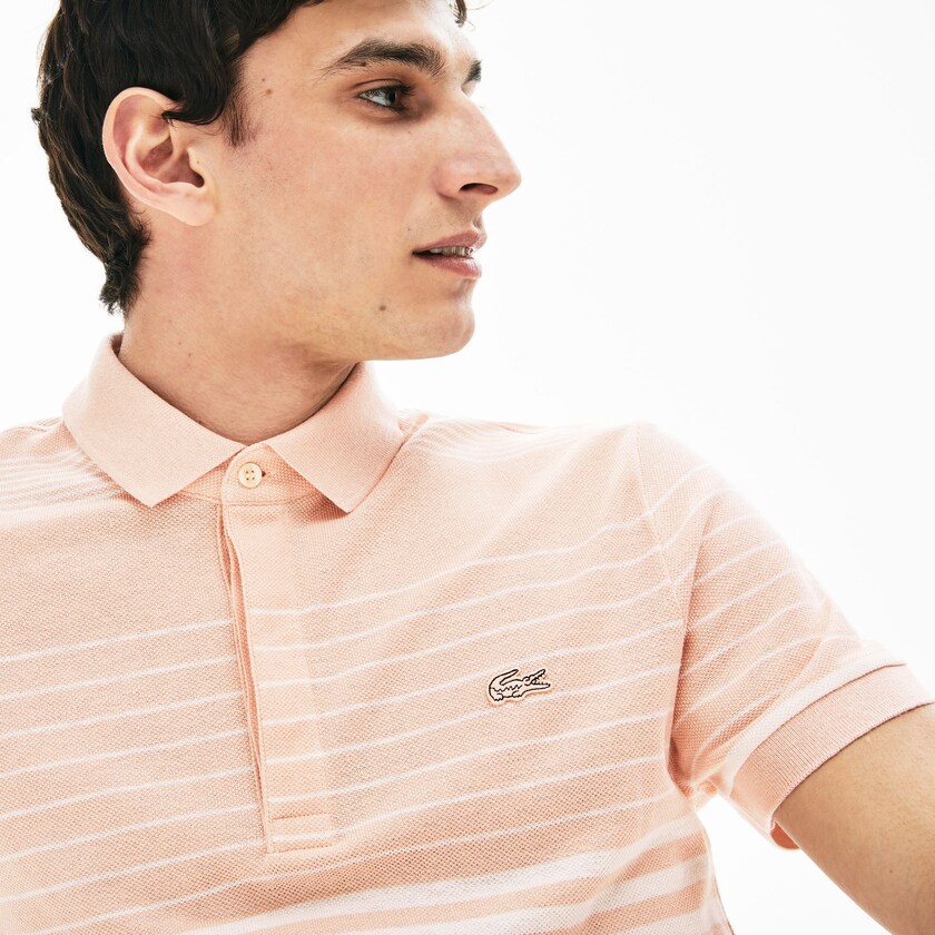 Camisas Lacoste Masculino Luz Rosa Branco Striped Linen And Cotton Regular Fit Polo SC9-04510A9