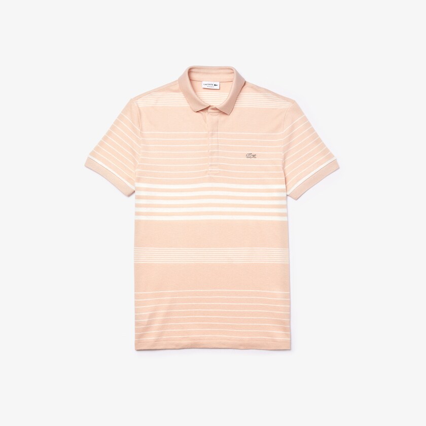Camisas Lacoste Masculino Luz Rosa Branco Striped Linen And Cotton Regular Fit Polo SC9-04510A9