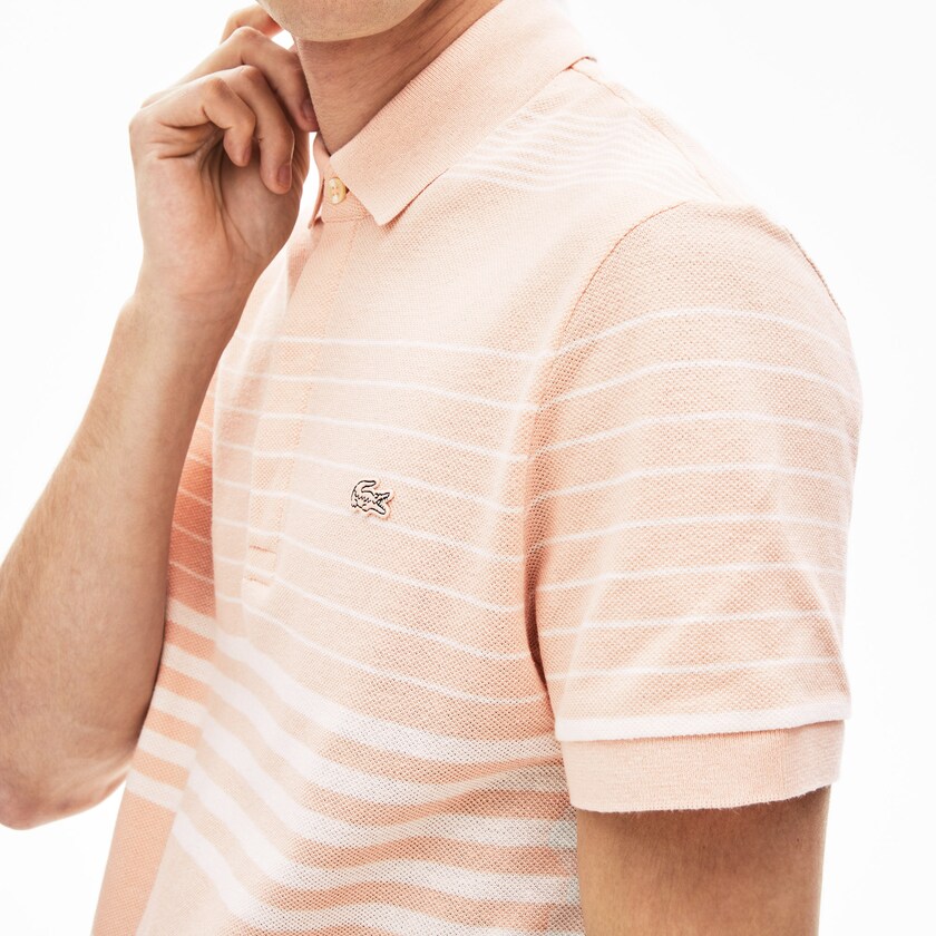 Camisas Lacoste Masculino Luz Rosa Branco Striped Linen And Cotton Regular Fit Polo SC9-04510A9