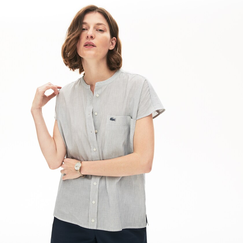 Camisas Lacoste Feminino Branco Azul Marinho Azuis Striped Linen And Cotton Blend IJ7-79267R6