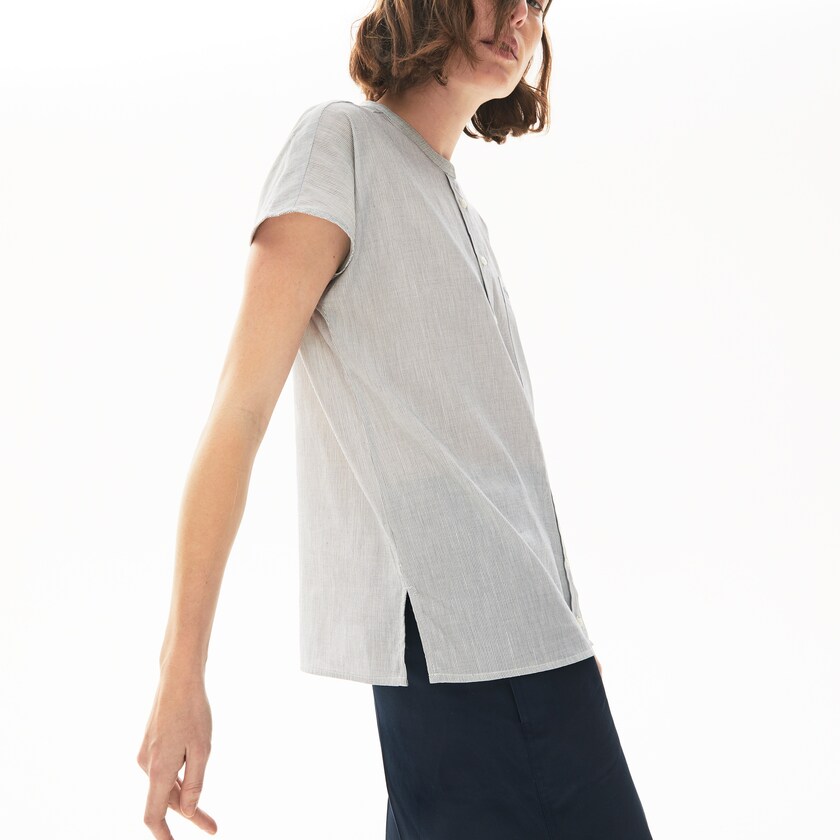 Camisas Lacoste Feminino Branco Azul Marinho Azuis Striped Linen And Cotton Blend IJ7-79267R6