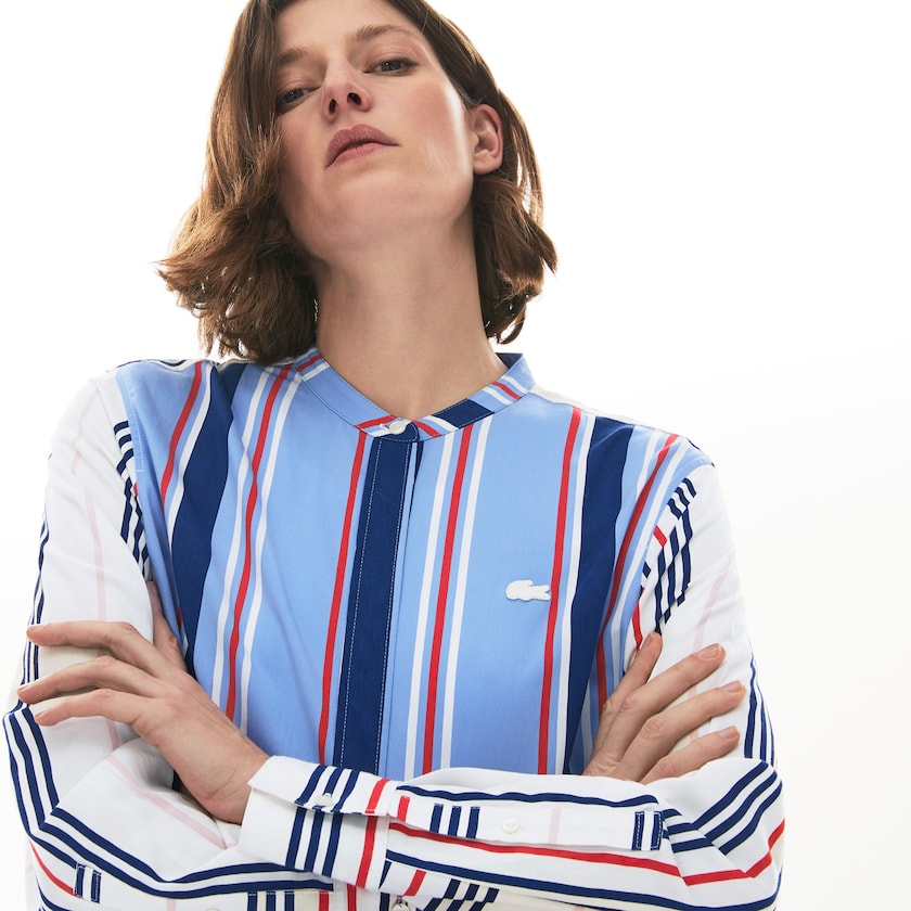 Camisas Lacoste Feminino Roxo Branco Azul Marinho Azuis Vermelhas Striped Long Flowing OE5-43684W5