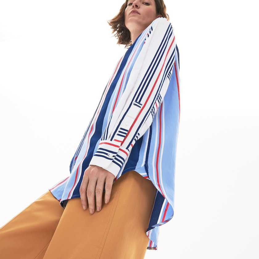 Camisas Lacoste Feminino Roxo Branco Azul Marinho Azuis Vermelhas Striped Long Flowing OE5-43684W5
