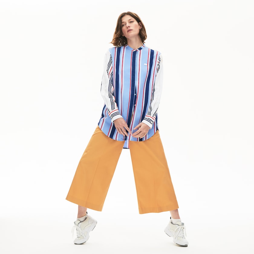 Camisas Lacoste Feminino Roxo Branco Azul Marinho Azuis Vermelhas Striped Long Flowing OE5-43684W5