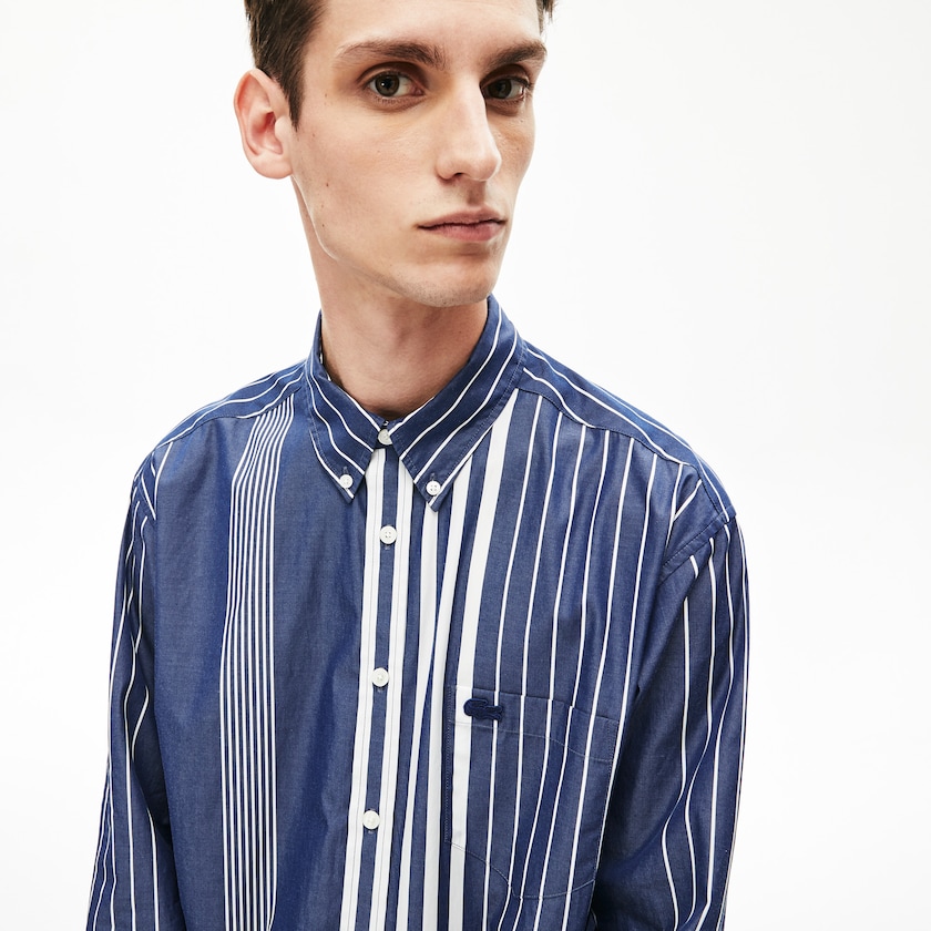 Camisas Lacoste Masculino Azul Marinho Azuis Branco Variegated-Stripe Relaxed Cotton EX9-79047M8