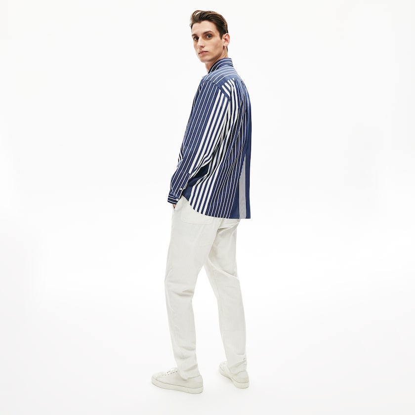 Camisas Lacoste Masculino Azul Marinho Azuis Branco Variegated-Stripe Relaxed Cotton EX9-79047M8